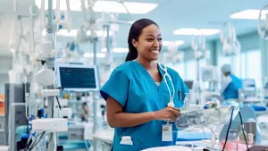 Smiling nurse distributing medical supplies on a tray in icu room in hospital.