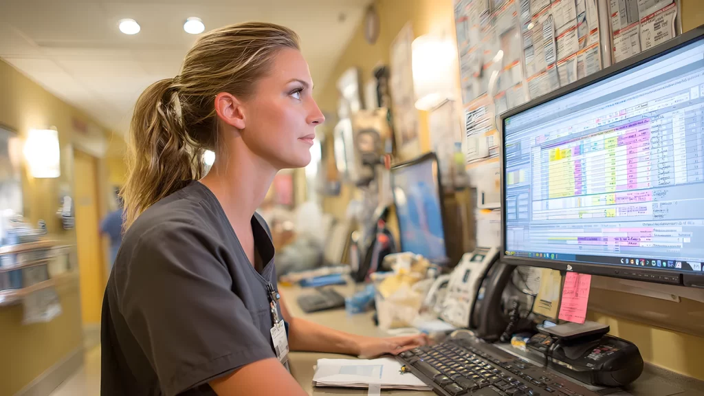 Registered nurse reviews patient charts on a computer monitor at nursing station