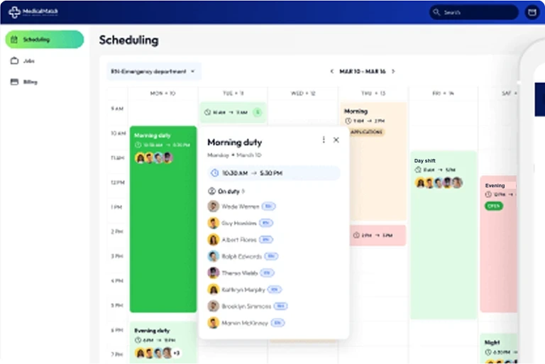 MedicalMatch scheduling dashboard showing shifts across the week