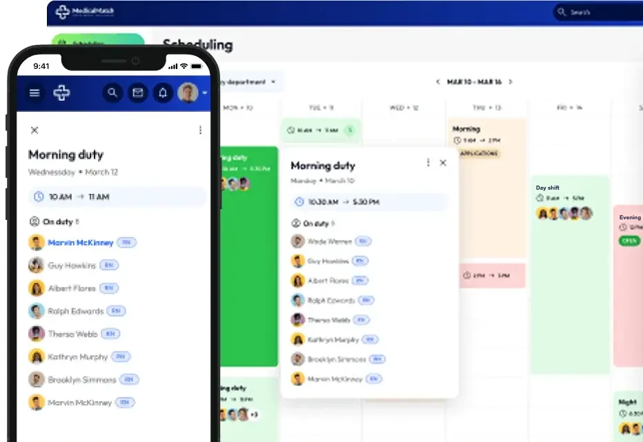 MedicalMatch scheduling view on desktop and mobile, showing open and filled shifts