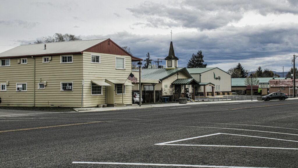 Small-town street with low-rise buildings