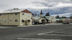 Small-town street with low-rise buildings